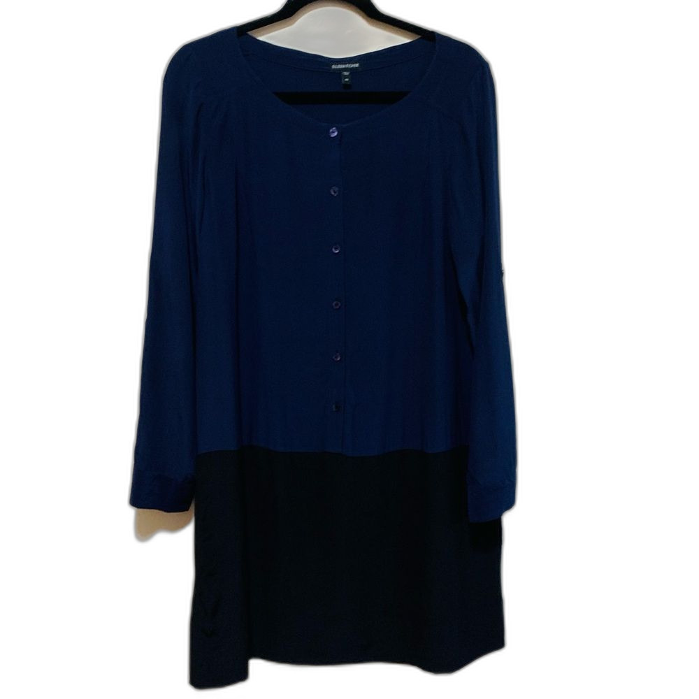 Eileen Fisher Blue and Black Long Sleeve Silk Dress size xs